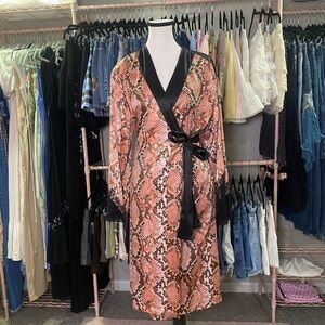 Victoria's Secret Black Lace-Trim Satin Wrap Dress with Snake Print